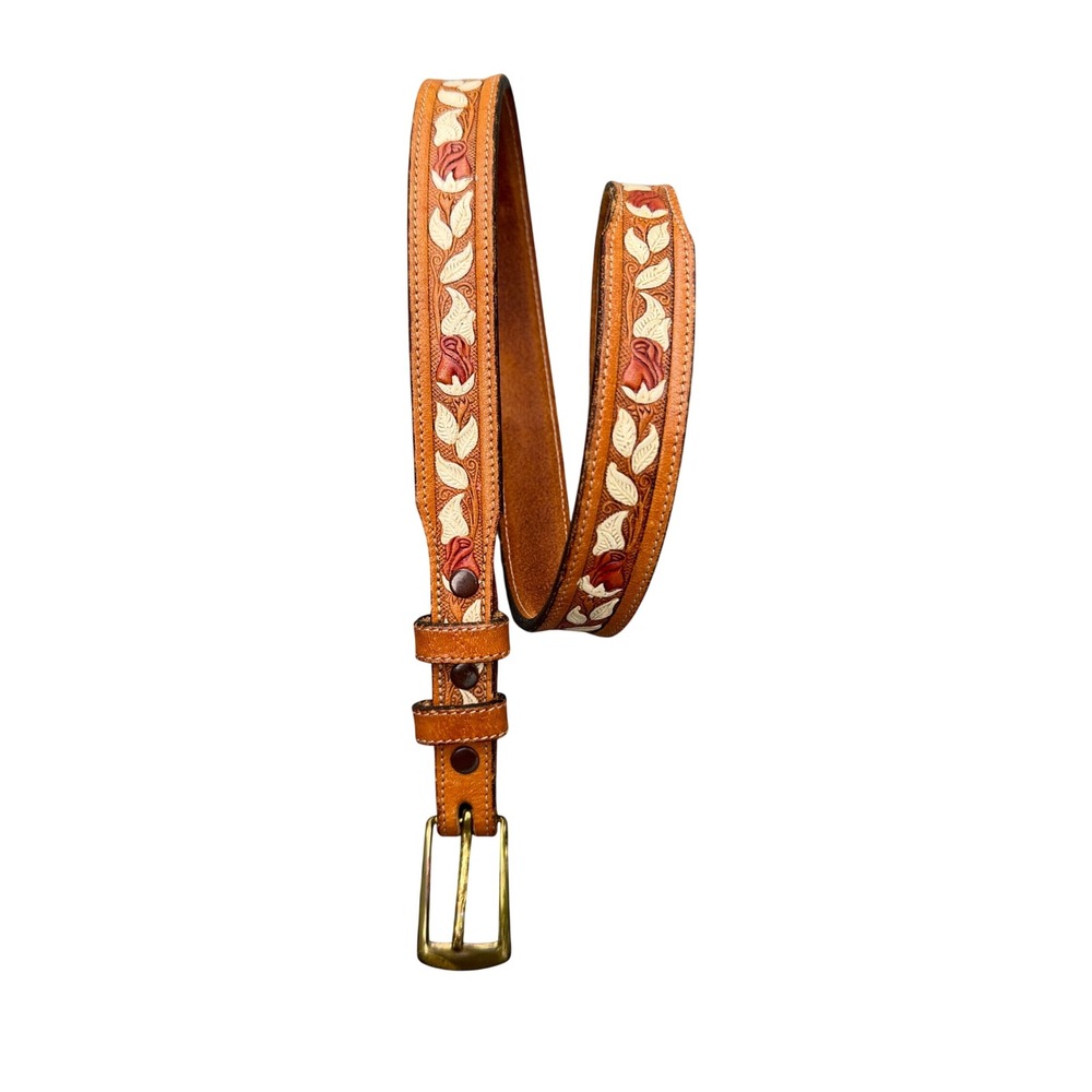 Tony Lama 28 Vintage Western Floral Tooled Leather Belt Rose Hand Painted USA
